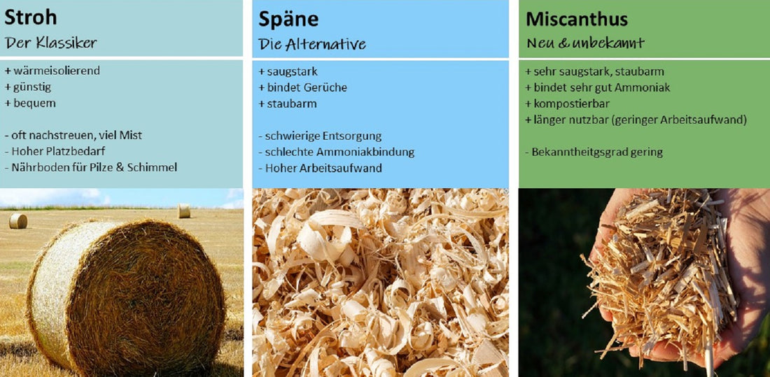 Einstreuarten im Vergleich - Miscanthus / Stroh / Späne