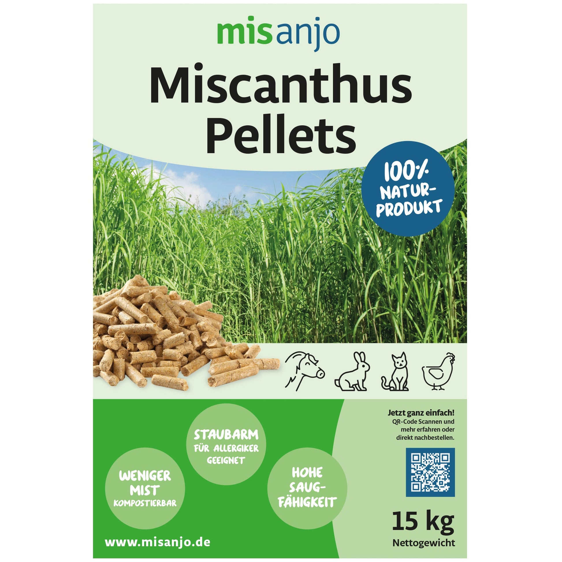 Miscanthus Pellets 15 kg Naturprodukt, staubarm, hohe Saugfähigkeit